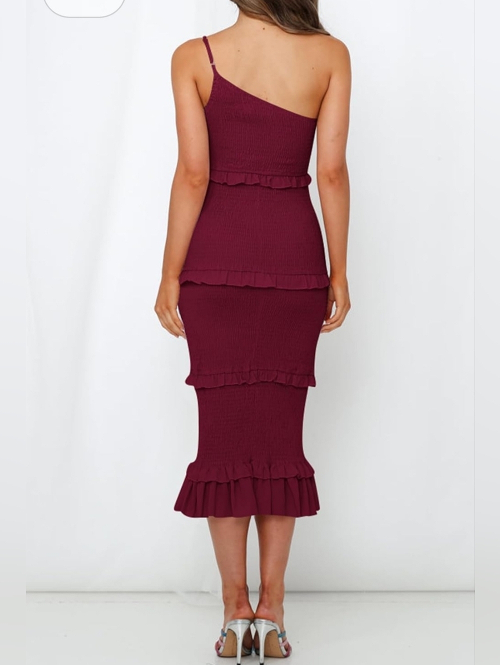 Pretty Garden Midi Bodycon Dresses One Shoulder Strappy Tiered Ruffle NWT size S - Picture 2 of 7